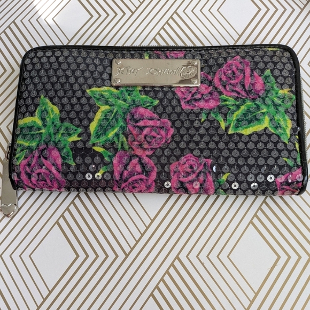 Betsey Johnson Rose Sequin Wallet Zip Around Clutch